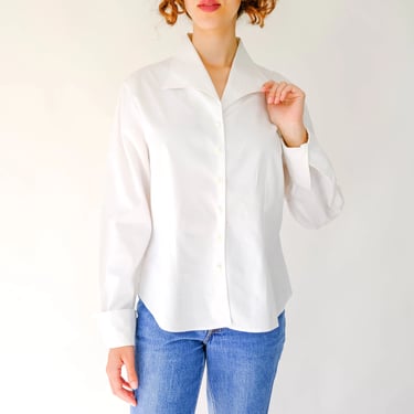 Vintage 90s Anne Fontaine White French Cuff Button Up Cotton Stretch Blouse | Made in France | 1990s Does 1940s French Designer Dress Shirt 