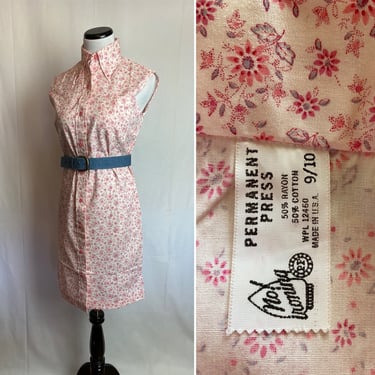 60’s deadstock dress~ pastel pink micro floral flower power preppy sleeveless button down shirt dresses~ calico size XS-Small 