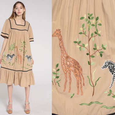 Jungle Safari Boho Tent Dress Midi Giraffe Zebra Print Dress Vintage Short Sleeve Bohemian Retro Dress Jungle Tropical Large L 