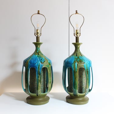 Mid Century Modern Lamp Honi Chilo Ceramic Blue Green Drip Glaze Vintage Nightlight 