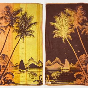 Vintage 70s Beach Towel | Hawaiian Sunset Beach Scene | Day & Night Reversible! | Brown Orange Yellow | Mod Hippie Boho Surfer | Royal Terry 