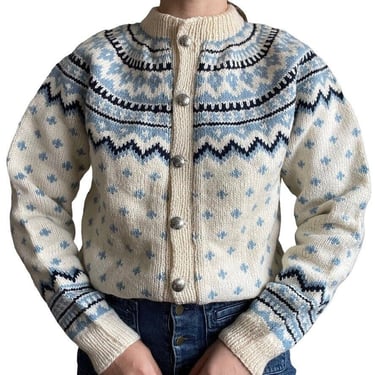 Vintage 1970s Hand Knit Blue White 100% Wool Fair Isle Nordic Retro Ski Cardigan 