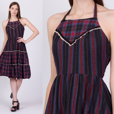 70s Plaid Tiered Halter Midi Dress - Petite Small | Vintage Rockabilly Sundress Metallic Stripe Backless Retro Fit & Flare 