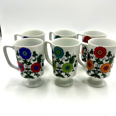 1960s Flower Power, Hippy, Pedestal Coffee Mugs, SET OF 2, Orange, Red, Blue, Green Daisy, Vintage Kitchen, Irish Coffee Mugs, Made in Japan 