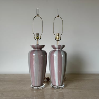 1980's Postmodern Purple Mauve And Gray   Ceramic Table Lamps - A Pair 