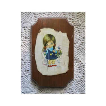 Vintage Big Eye Art - 60s Wood Wall Hanging - Mod Girl Picture - MCM Decoupage Artwork - Fallarda 