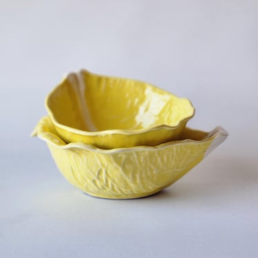 Cabbage leaf bowls vintage yellow majolica set of two 