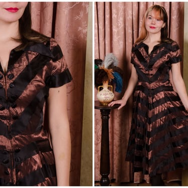 1950s Dress - Vintage 50s Zip Front Taffeta Frock with Black and Copper Chevron Stripes 