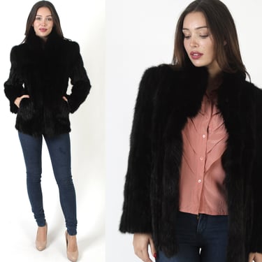 Black Mink PD Furs Coat / Corded Cropped Real Fox Trim / Vintage 80s Corded Plush Short Collar / Solid Color Thin Whale Overcoat 