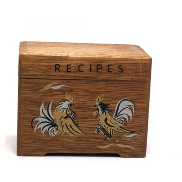 vintage wood recipe box with roosters made in japan 