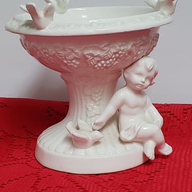 Lefton Renaissance Cherub dish Vintage ceramic Footed dish Miniature ceramic bird bath 