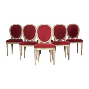 Antique French Louis XVI Style Painted Dining Chairs W/ Raspberry Chenille - Set of 6 