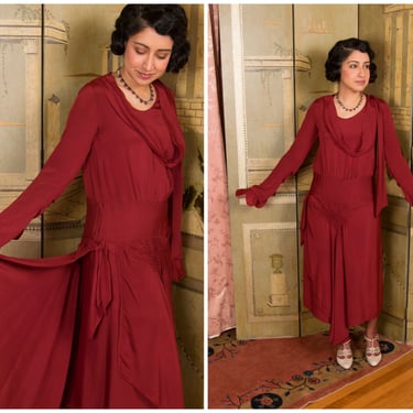 1920s Dress - Vintage 20s Rich Wine Colored Silk Crepe Flapper Dress with Wrap Style Skirt and Petaled Sleeves 