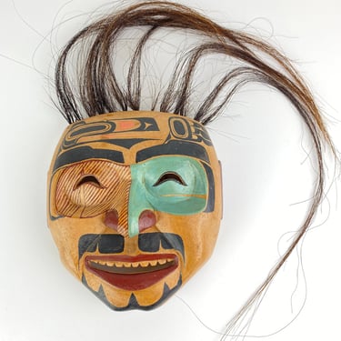Vintage Native American First Nations Carved Wood Mask Art Horse Hair Man Pacific Northwest Tribal 