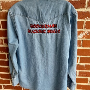 Vintage 80s/90s Mens  Western Wrangler Pearl Snap  Denim Shirt ~ Boogerman's Bucking Bulls/L 
