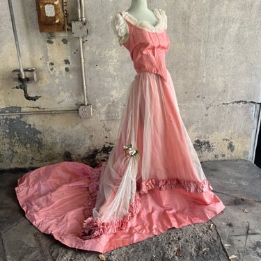 Vintage 1930s Does Edwardian Pink Taffeta Gown Train Dress Ruffle Net Flowers
