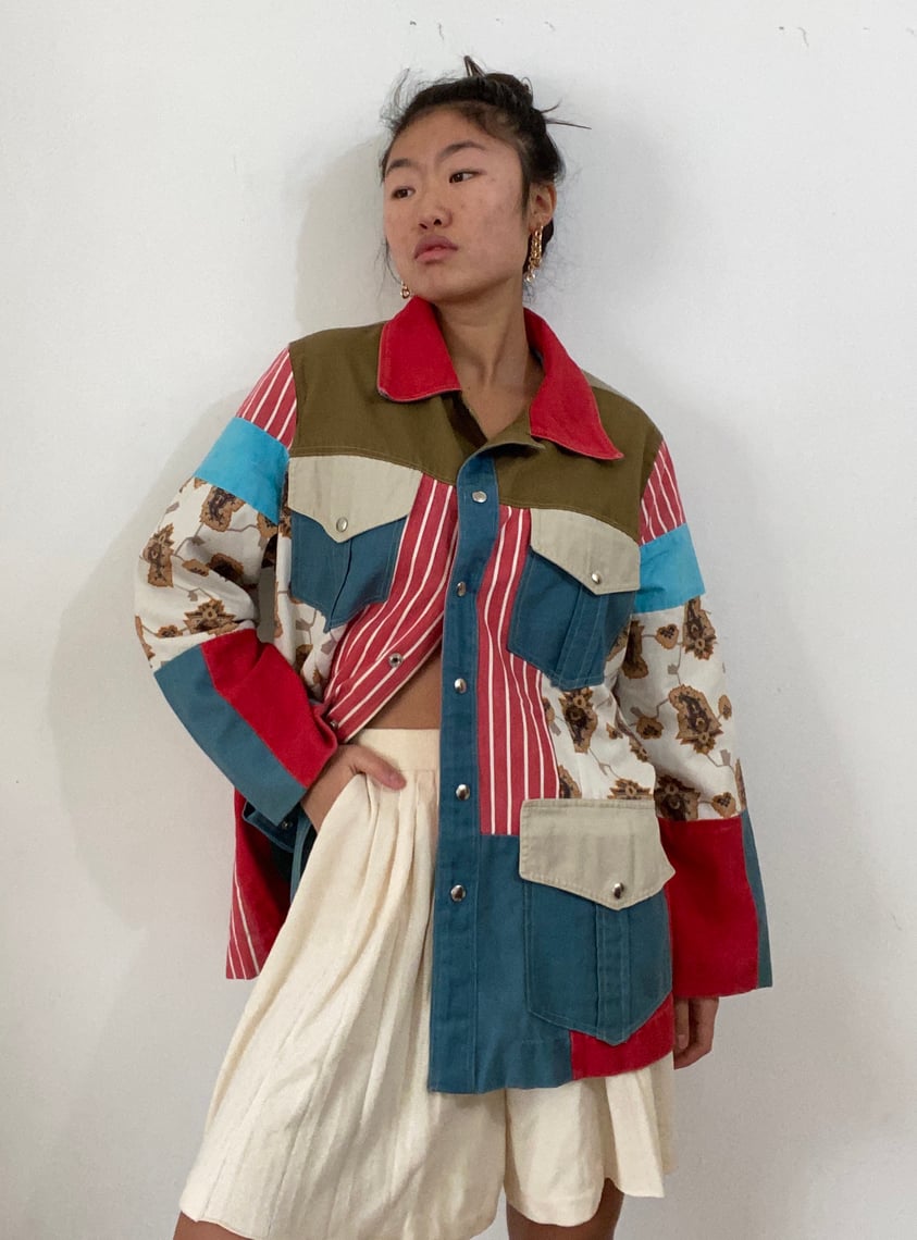 70s patchwork quilt chore coat / vintage handmade cotton patchwork