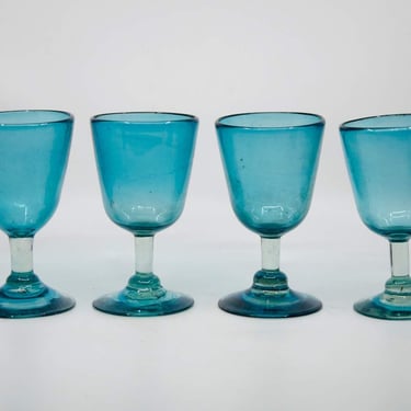 1970's Mexican Sea Glass Aqua Blue Margarita Glasses Set of 4 