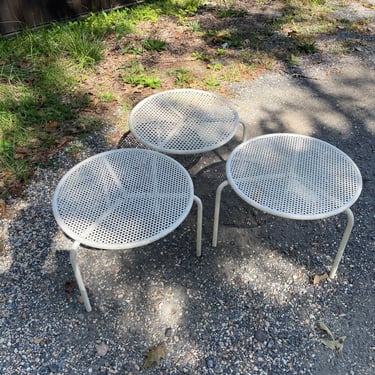 Vintage Outdoor Indoor Perforated White Tripod Round Stacking Tables Patio Porch Set of 3 Mid-Century EMU Italy 