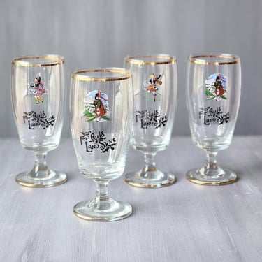 Vintage Auld Lang Syne Scottish Highlander footed beer glasses with gold edging set of four 