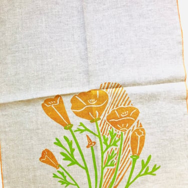 California Poppy Floral Linen Tea Towel, Kitchen Towel 
