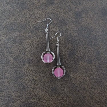 Mid century modern earrings pink frosted glass and gunmetal earrings 