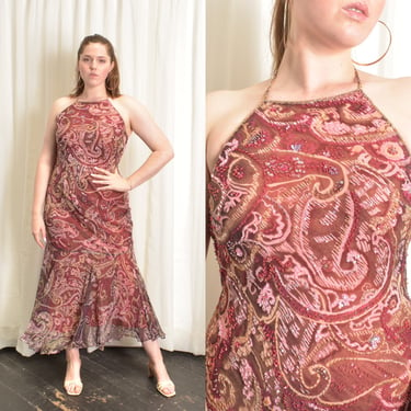 Vintage 1990s Dress / 90s Diane Freis Silk Paisley Beaded Halter Dress / Burgundy ( M L XL ) 