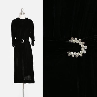 40s black silk velvet dress | Antique Vintage 1940s velvet dress + paste glass belt 