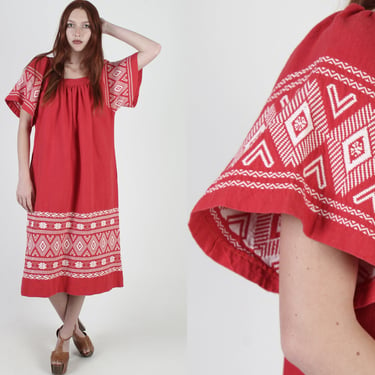 Red Guatemalan Tent Dress / Aztec Print Bell Sleeve Dress / Cotton Zig Zag Striped / Embroidered Mexican Woven Midi Dress With Pockets 