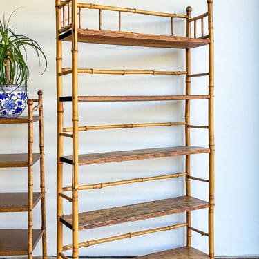 Vintage Bamboo Shelf Scorched Tortoiseshell Five Tier Tall + Narrow Etagere Lightweight Bookshelf Plant Stand Shelving Bathroom Chinoiserie 