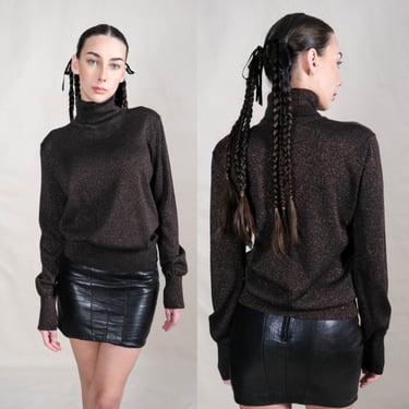 SALVATORE FERRAGAMO Metallic Copper Knit Turtleneck Sweater w/ Metal Logo Accent | Made in Italy | FERRAGAMO Italian Designer Sweater 