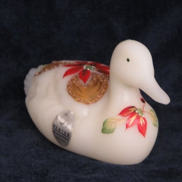 Fenton Satin Glass Hand Painted Poinsettia Duck Christmas 2800B