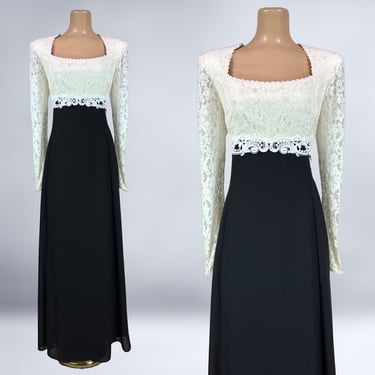 VINTAGE 80s Empire Waist Black & Ivory Lace Dress by Scott McClintock Sz 16 | Mother of the Bride | 1980s Sheer Sleeve Bridgerton Gown | VFG 