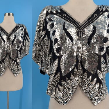 Vintage Seventies Sequined Butterfly Silk Disco Top - 70s Deadstock Silver Sequin Short Sleeve Dance Top - Small / Medium 