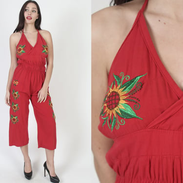 Embroidered Sunflower Print Jumpsuit, Skinny Leg Smocked Playsuit, Vintage Open Back Play Suit With Pockets 