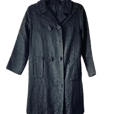 80s Vintage Black Wool Double Breasted Trench Coat 