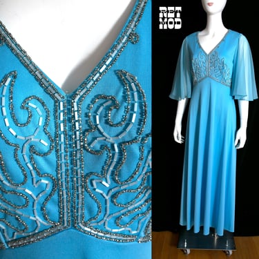 FABULOUS Vintage 70s Blue Maxi Dress with Sheer Angel Sleeves & Beautiful Beading 