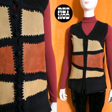 Boho Babe Vintage 70s Black Tan Brown Suede Patchwork Long Vest 