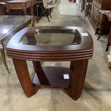 Wooden Side Table with Beveled Glass Top