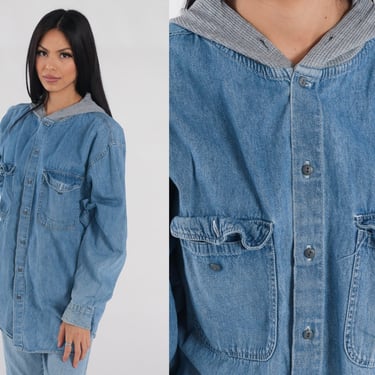 Hooded Denim Shirt 90s Blue Jean Button Up Grey Hood Grunge Long Sleeve Boyfriend Shirt Retro Streetwear Cotton Hoodie Vintage 1990s Large L 
