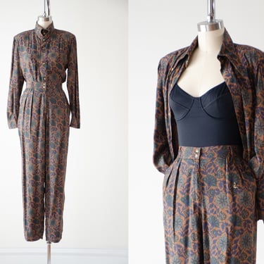 brown pants set | 80s 90s vintage brown blue batik floral rayon blouse jacket pleated straight leg pantsuit 