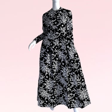1970s Vintage Geoffrey Beene Metallic Velvet Floral Gown, Deadstock Empire Sweeping Pleated Evening Dress 