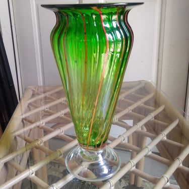 VINTAGE Italian Green and Orange Table Vase, 12" Vase, Mid Century Home Decor 