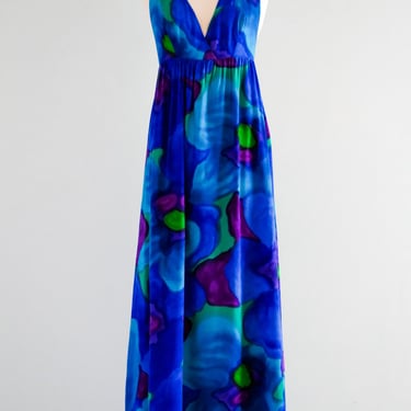 Mesmerizing 1970's Blue Hawaiian Halter Gown / Sz ML