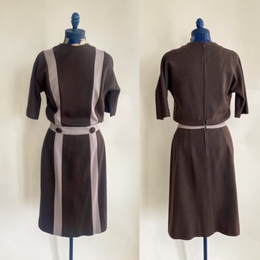 1950s 1960s Lilli Russell Brown and Tan Colorblock Knit Wiggle Dress. Small. By Copperhive Vintage. 