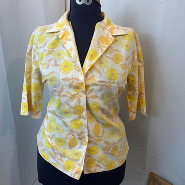 1960s Vintage Floral Camp Shirt Yellow White Big Ditsy Floral 38 L 