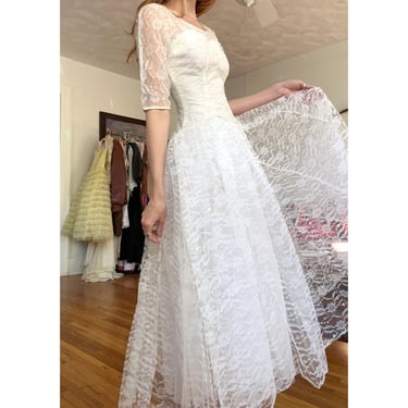 Vintage Wedding Dress - Tea-Length - 1950s - Formal - Lace - Sweetheart, XXS, XS 