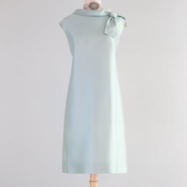 Elegant 1960's Aquamarine Shantung Silk Cocktail Dress / Large