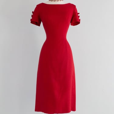 Iconic Late 1950's Anne Fogarty Cherry Red Wiggle Dress With Bow Sleeves / Medium