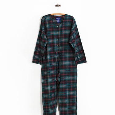 Vintage 90s green plaid cotton pajamas Onesie jumpsuit 